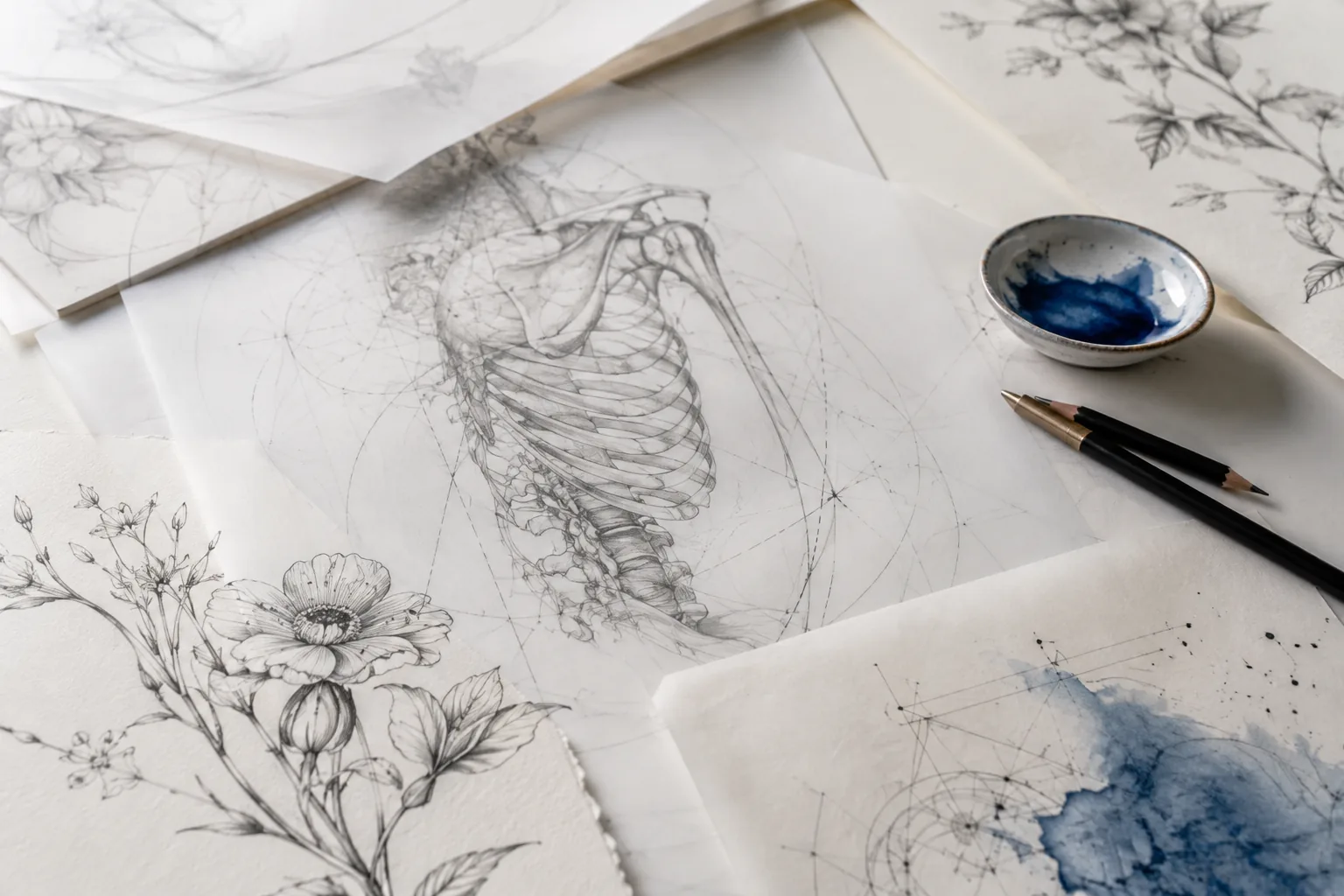 Bocetos botánicos y planificación anatómica de un tatuaje